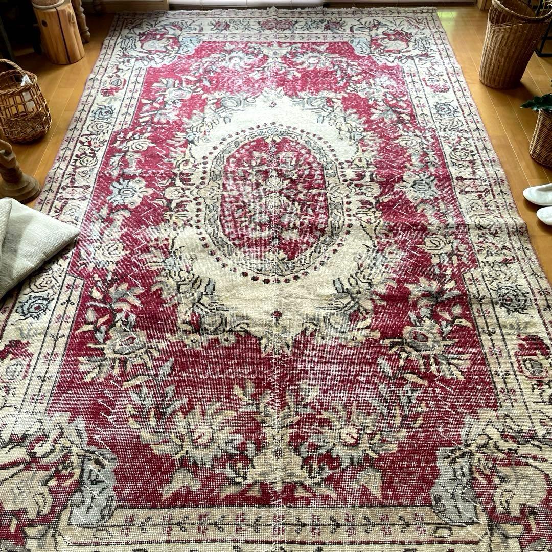 超大判168×290 メダリオン　くすみレッド　ボタニカルトルコヴィンテージラグ