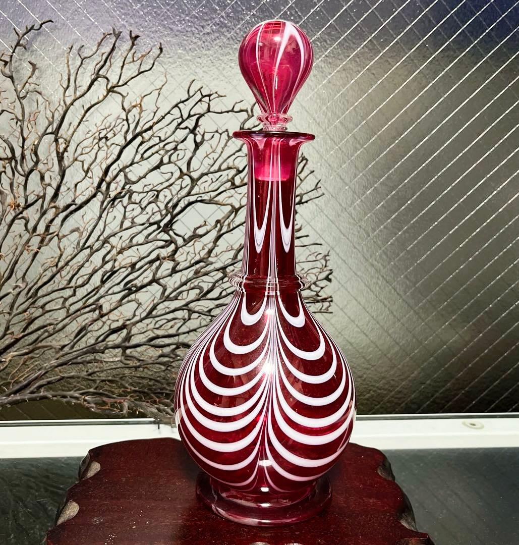 骨董　時代ガラス　希少　金赤ガラス　掻き揚げ紋　カラフェ　酒器　ウランガラス