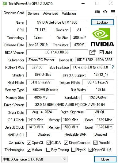 ZOTAC NVIDIA GeForce GTX1650 GD6 補助電源なし