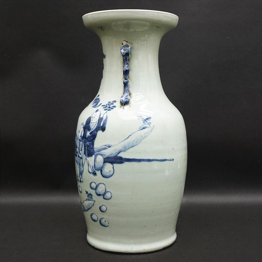 中国古玩 双耳付染付花瓶 唐物 壺 花生 高さ43cm 時代 骨董 中国美術