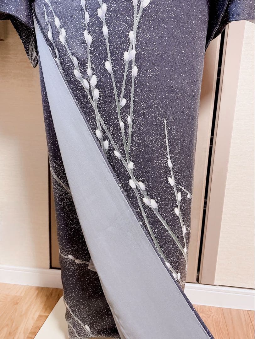 新品　正絹　訪問着　フルセット　加賀友禅　裄65 卒業式　M 青　紺　猫柳