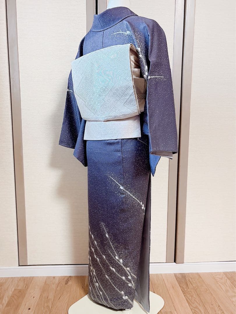 新品　正絹　訪問着　フルセット　加賀友禅　裄65 卒業式　M 青　紺　猫柳