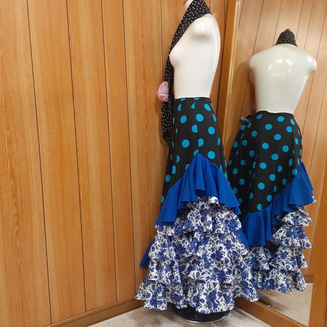 フラメンコ衣装　☆ファルダのみ　＊青/黒/白地青バラ柄フリルファルダ