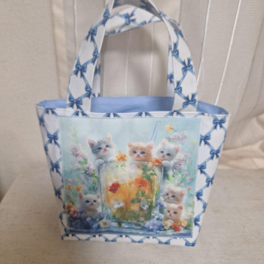 激レアねこパネル生地　ハンドメイド　まちなしバッグ　ミニバック　ポーチ