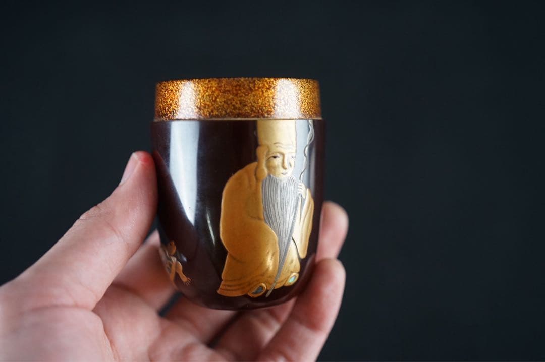 池之浦大起 作 寿老人 鶴亀金銀蒔絵 螺鈿細工 長棗 内梨地 共箱 茶道具