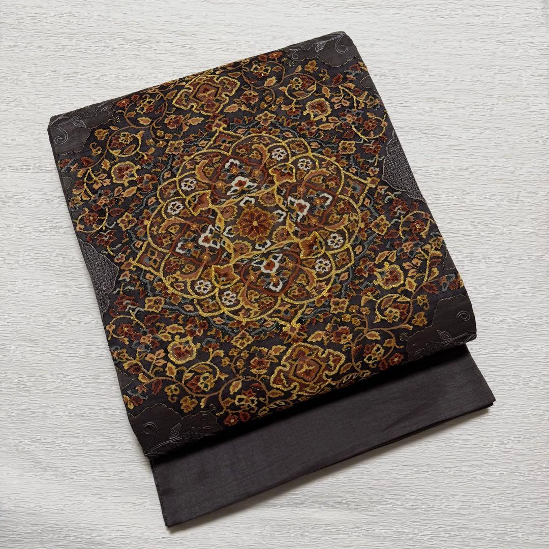 m-91 明綴れ 蘇州・汕頭刺繍　金糸 正絹 袋帯　未使用極美品