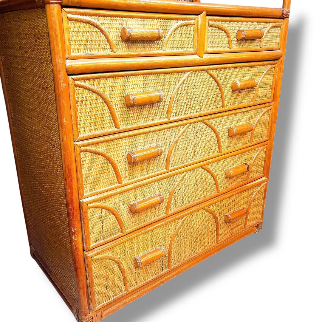 美品 ラタン調 籐 タンス チェスト 5段収納家具 ナチュラル 引き出し6個