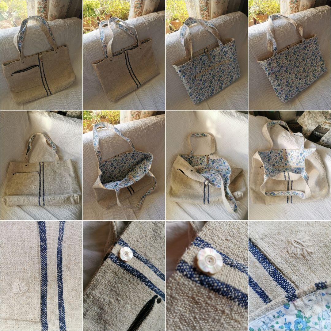 アンティーク アンティークホームスパンリネン＆フレンチファブリックトートバッグ