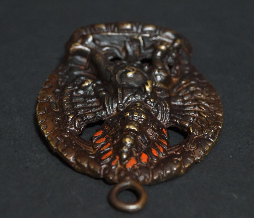 オールドチベット仏教 銅製ドルジェマハカラカラチャクラ仏像 赤漆塗りお守り仏像