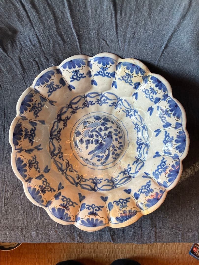 染付け花鳥文輪花大鉢　デルフト陶器　17世紀　オランダ　江戸時代初期