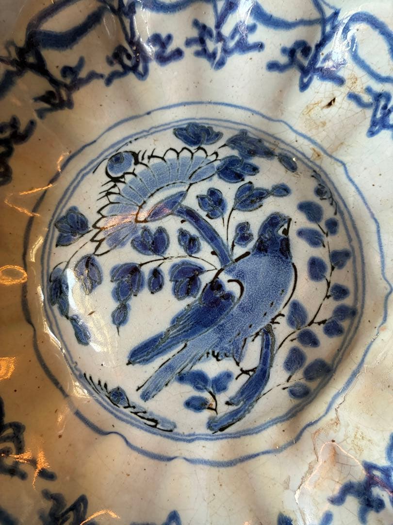 染付け花鳥文輪花大鉢　デルフト陶器　17世紀　オランダ　江戸時代初期