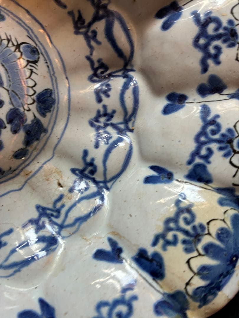 染付け花鳥文輪花大鉢　デルフト陶器　17世紀　オランダ　江戸時代初期