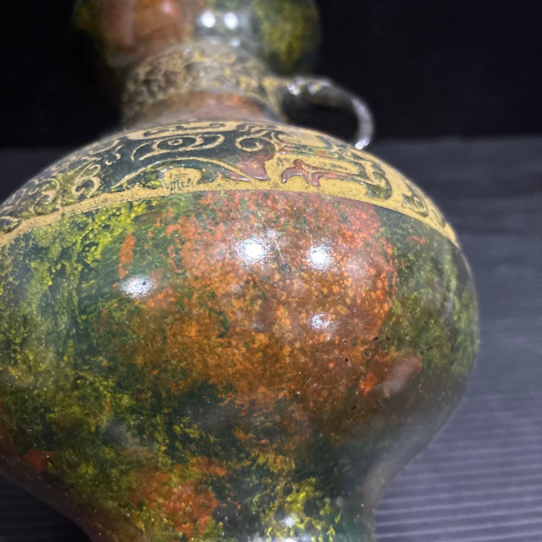 鋳銅 花瓶 双耳壺 銘入り 中国古典文様 青銅器風 古美術