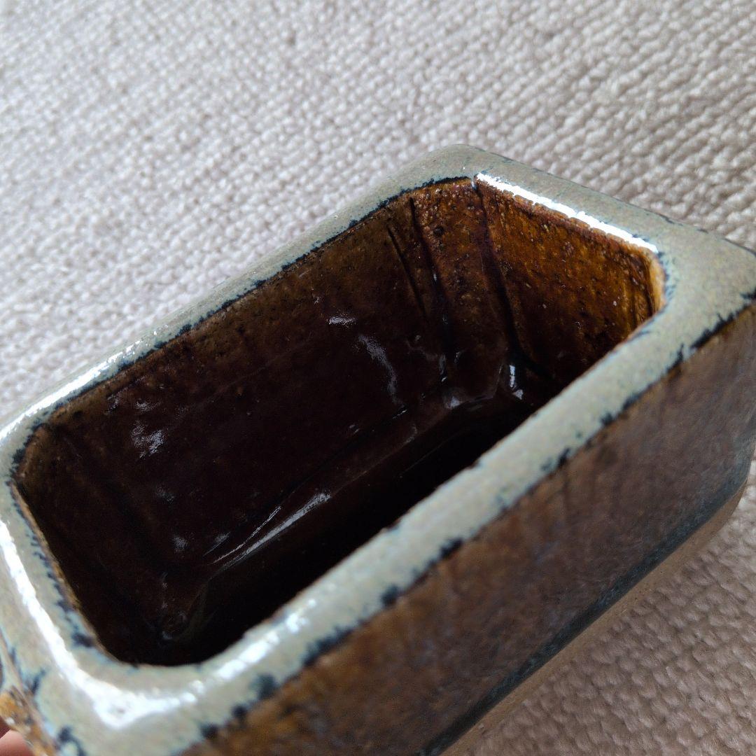 【美品】長方形 陶器 茶色と青のグラデーション　工芸品　陶芸　植木鉢　豆盆栽