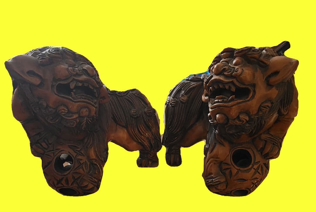 木製獅子彫刻 竹模様 シーサー 2体