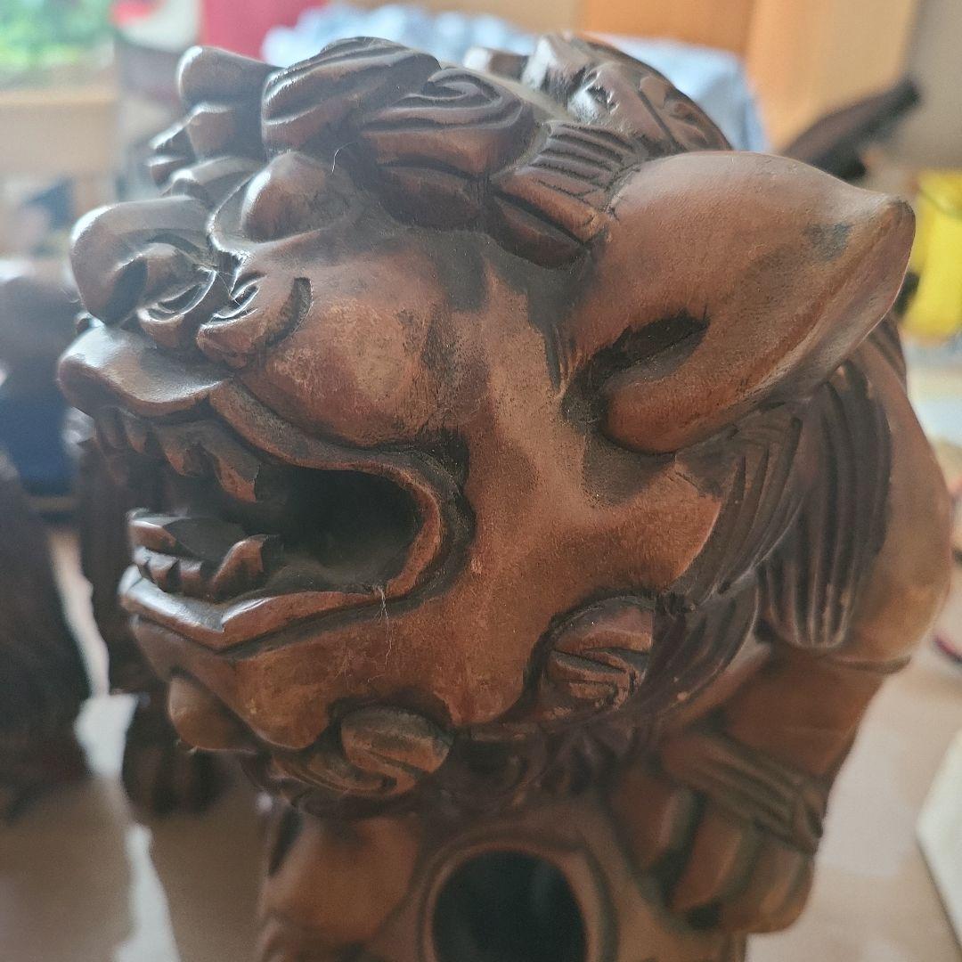 木製獅子彫刻 竹模様 シーサー 2体