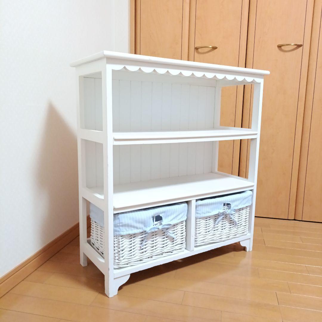 バスケット付3段フリルキャビネット　フレンチカントリー　可愛い　収納　木製　白
