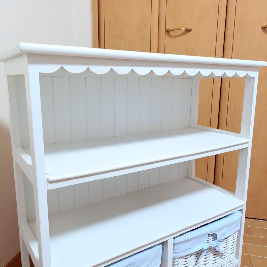 バスケット付3段フリルキャビネット　フレンチカントリー　可愛い　収納　木製　白