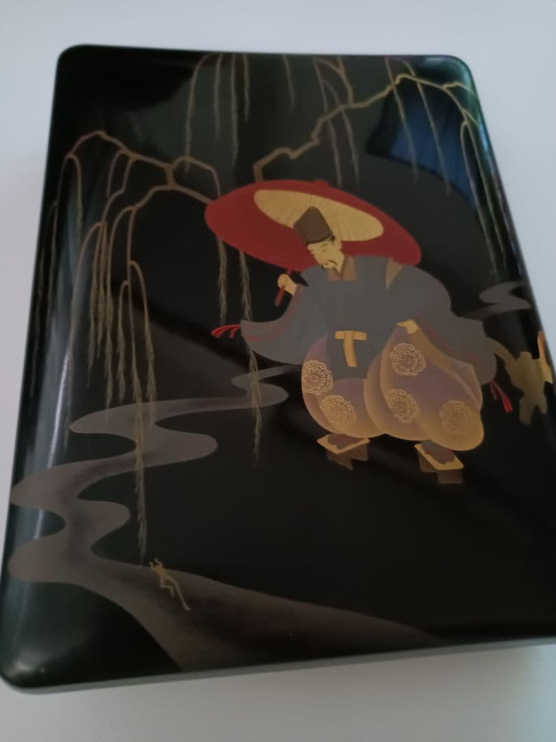 【本漆塗本蒔絵公家の図】江戸末期　総梨地硯箱➕️古硯【程君房】古黒仙入文　美術品