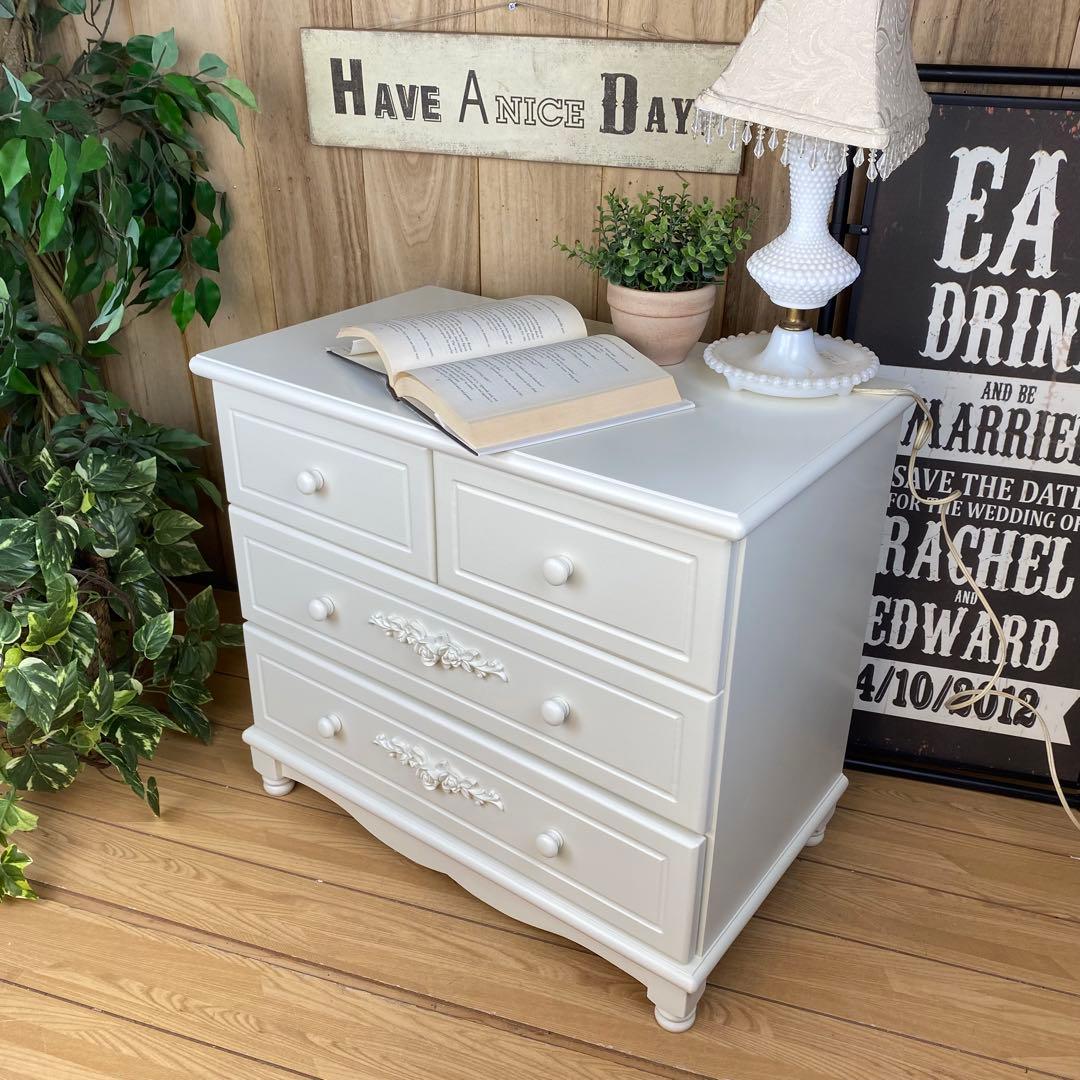 フレンチカントリー北欧調ホワイトチェスト三段四つ引き木製洋タンス収納姫系姫かわ