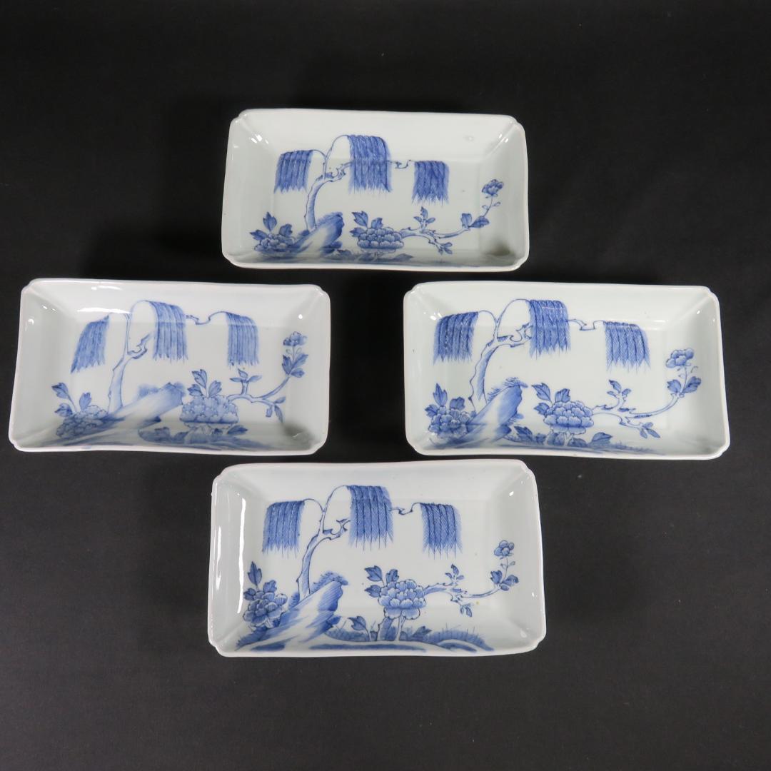 長皿 長角皿 染付 線画 4枚 窯傷 スレ僅か 美品 柳