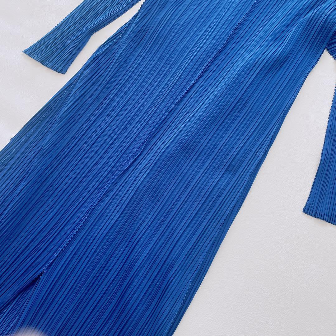 美品✨プリーツプリーズ　ロングカーディガン　羽織り　ノーカラーカーディガン　青