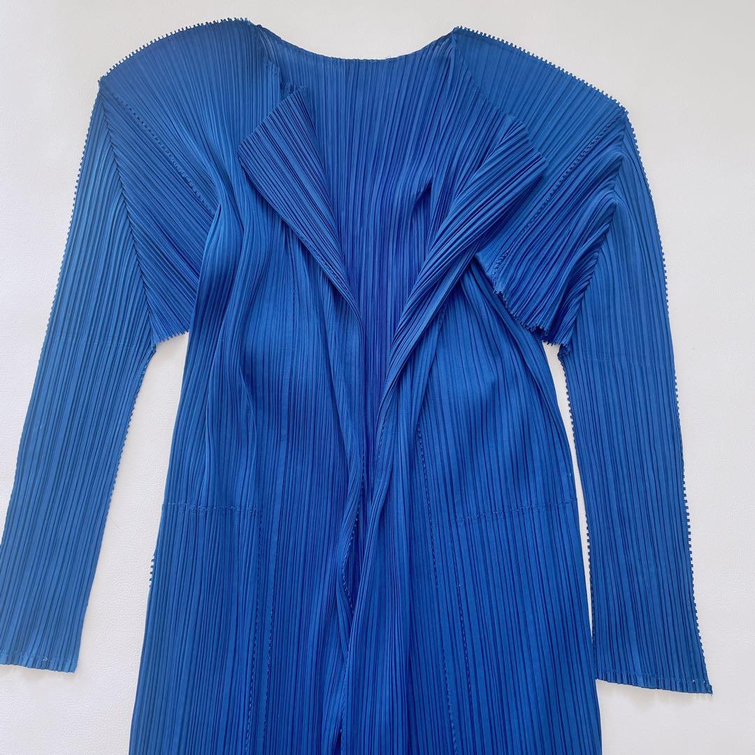 美品✨プリーツプリーズ　ロングカーディガン　羽織り　ノーカラーカーディガン　青