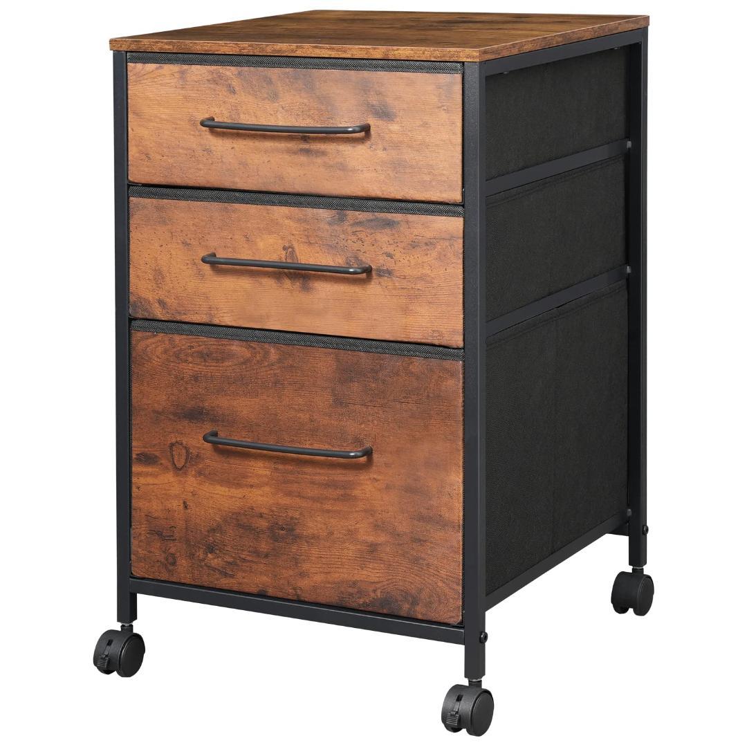 茶 3段収納 使い勝手抜群 キャビネット デスクワゴン