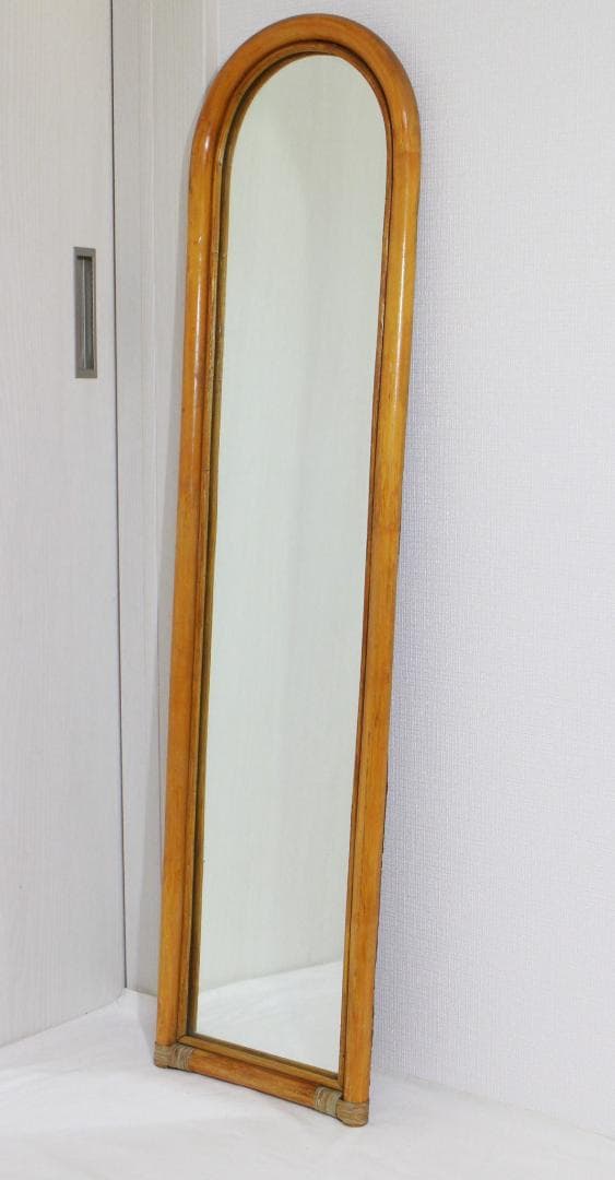 籐ラタン 大型ミラー 鏡 壁掛け アーチ型 全身 姿見 アンティーク