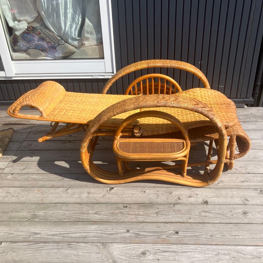 昭和レトロ ラタンリクライニングチェア オットマン付き 1人掛けソファー 古家具