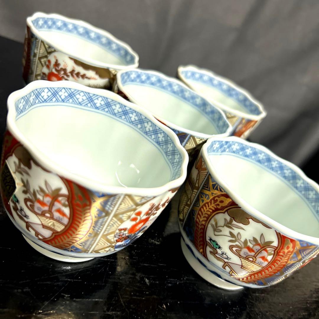 有田焼　龍峯窯　古伊万里　染付色絵金襴手　赤絵窓絵草花　小鉢　輪花鉢　蕎麦猪口
