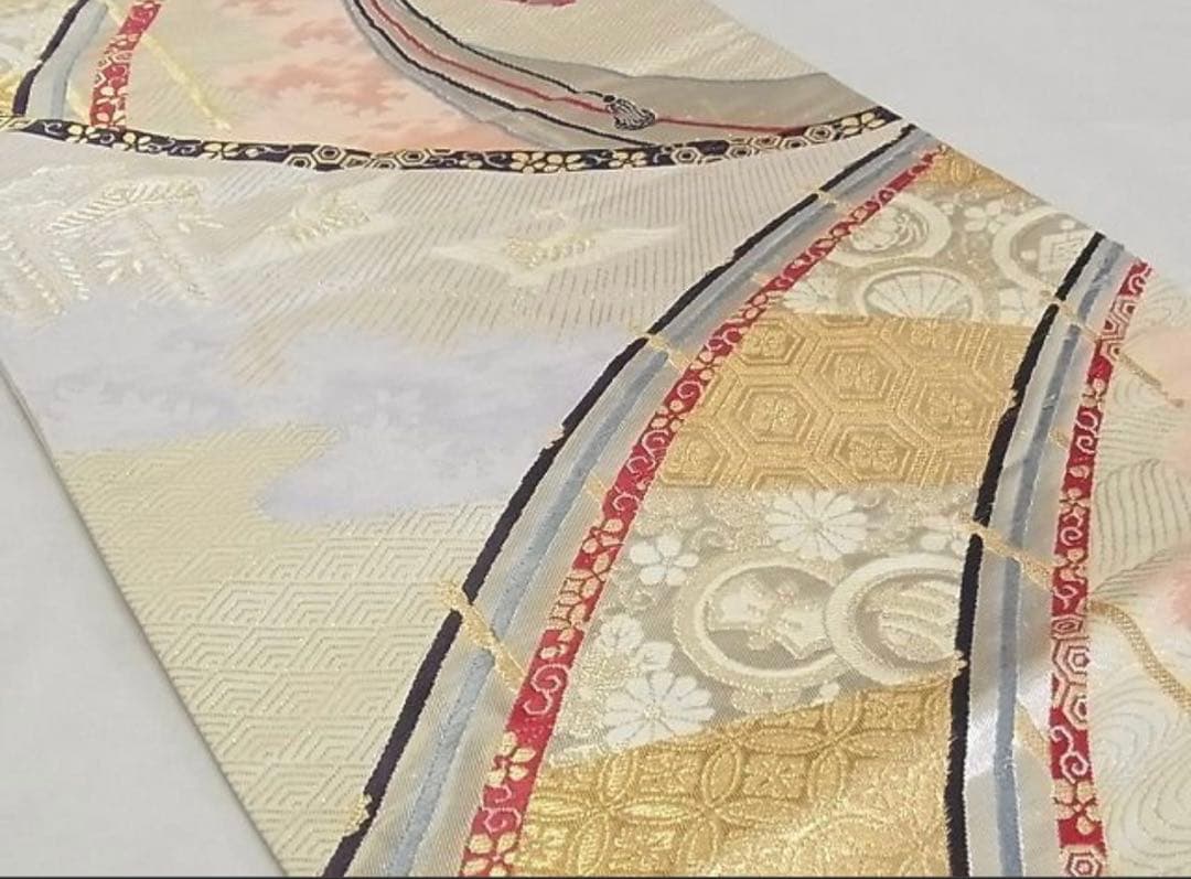 振袖 フルセット6点サイズM〜Ｌ扇子御所車鶴文　暈し染め　金糸　銀彩　正絹