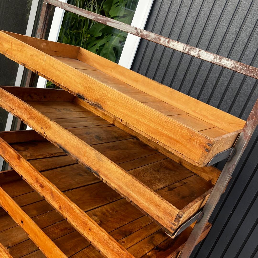 ヴィンテージ アイアンフレーム 木製バスケット トロリーワゴン インダストリアル