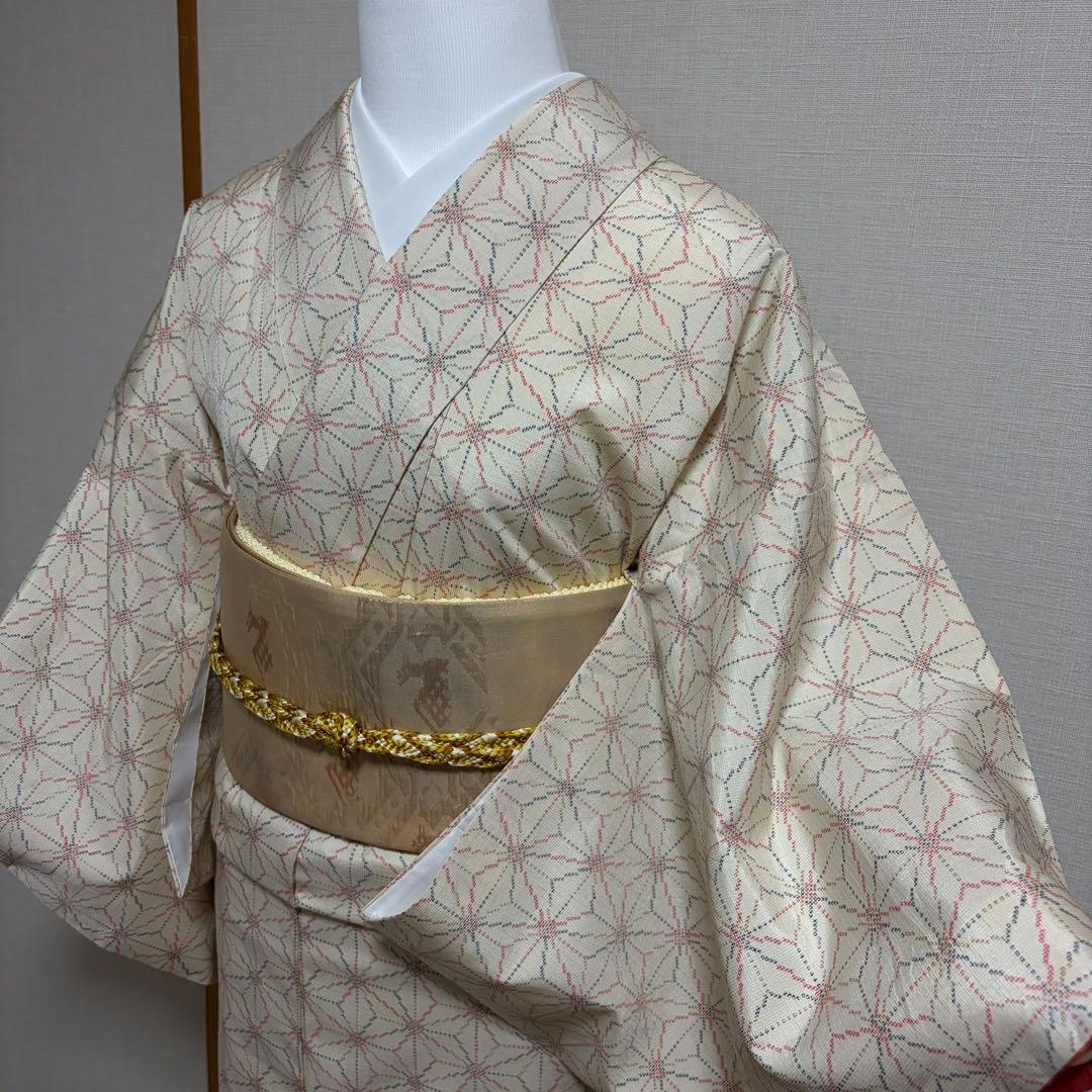 未使用近い　美品　袷　正絹　白紬　十日町紬系　小紋　フルセット