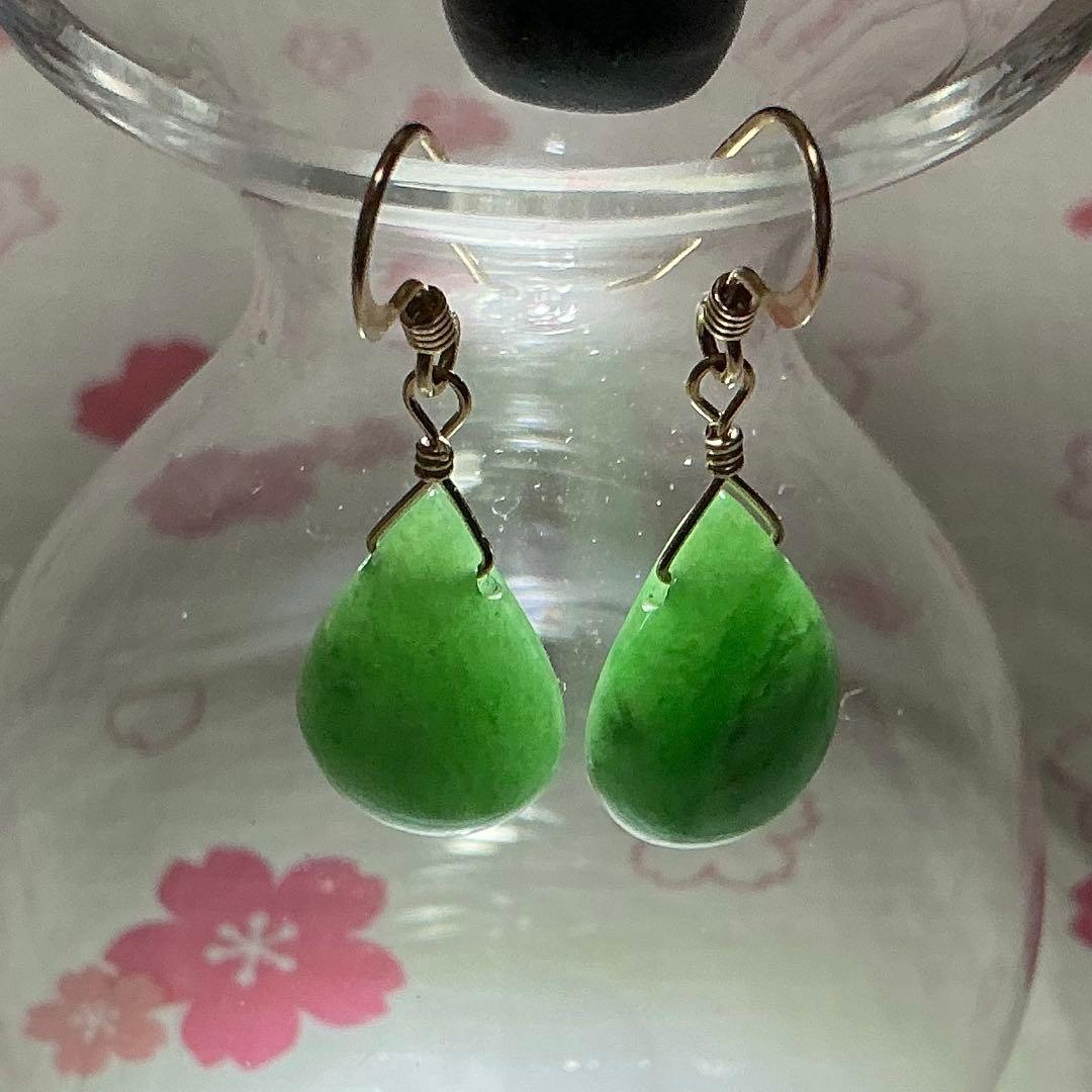 コン沢翡翠と金山谷翡翠　ティアドロップピアス　14kgf