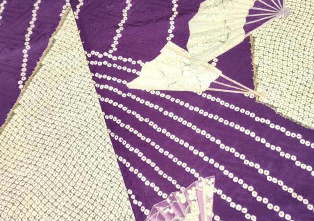 振袖フルセット6点サイズM〜Ｌ檜扇花文　鹿の子　金彩　正絹