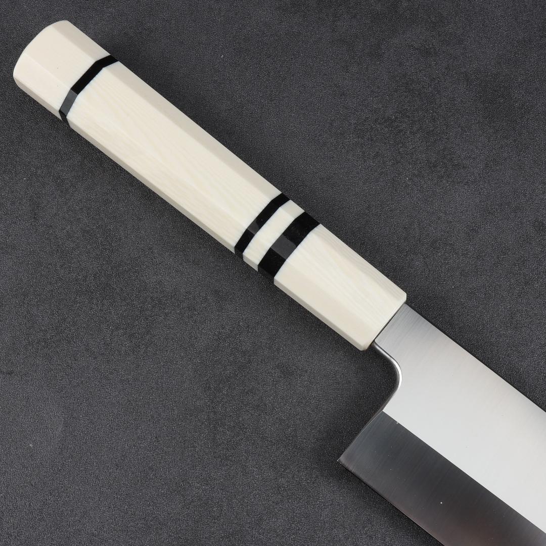 7017 鎌型薄刃包丁 8寸 刃渡り240mm 刺身包丁 人工象牙黒三本巻八角柄