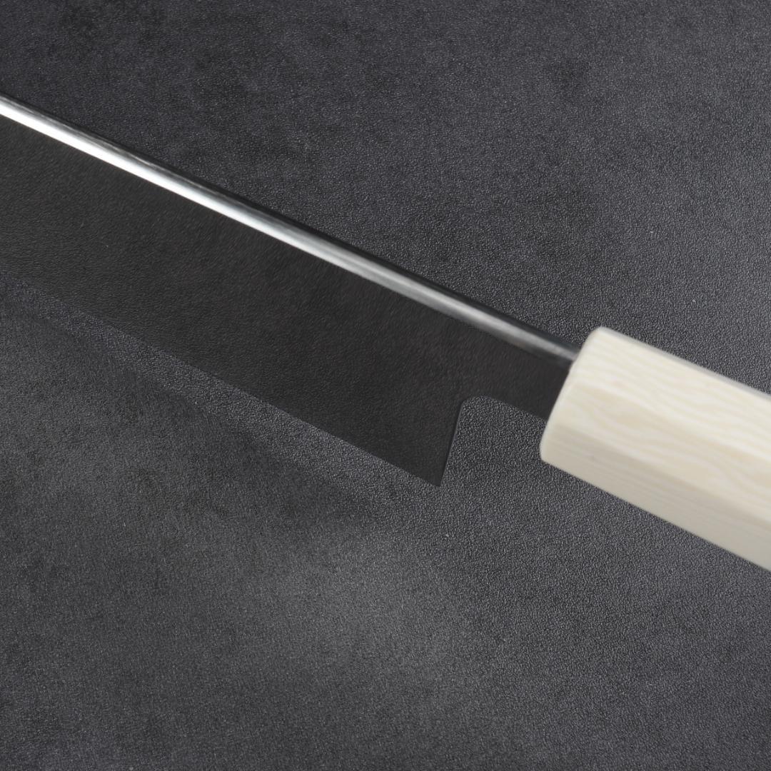 7017 鎌型薄刃包丁 8寸 刃渡り240mm 刺身包丁 人工象牙黒三本巻八角柄