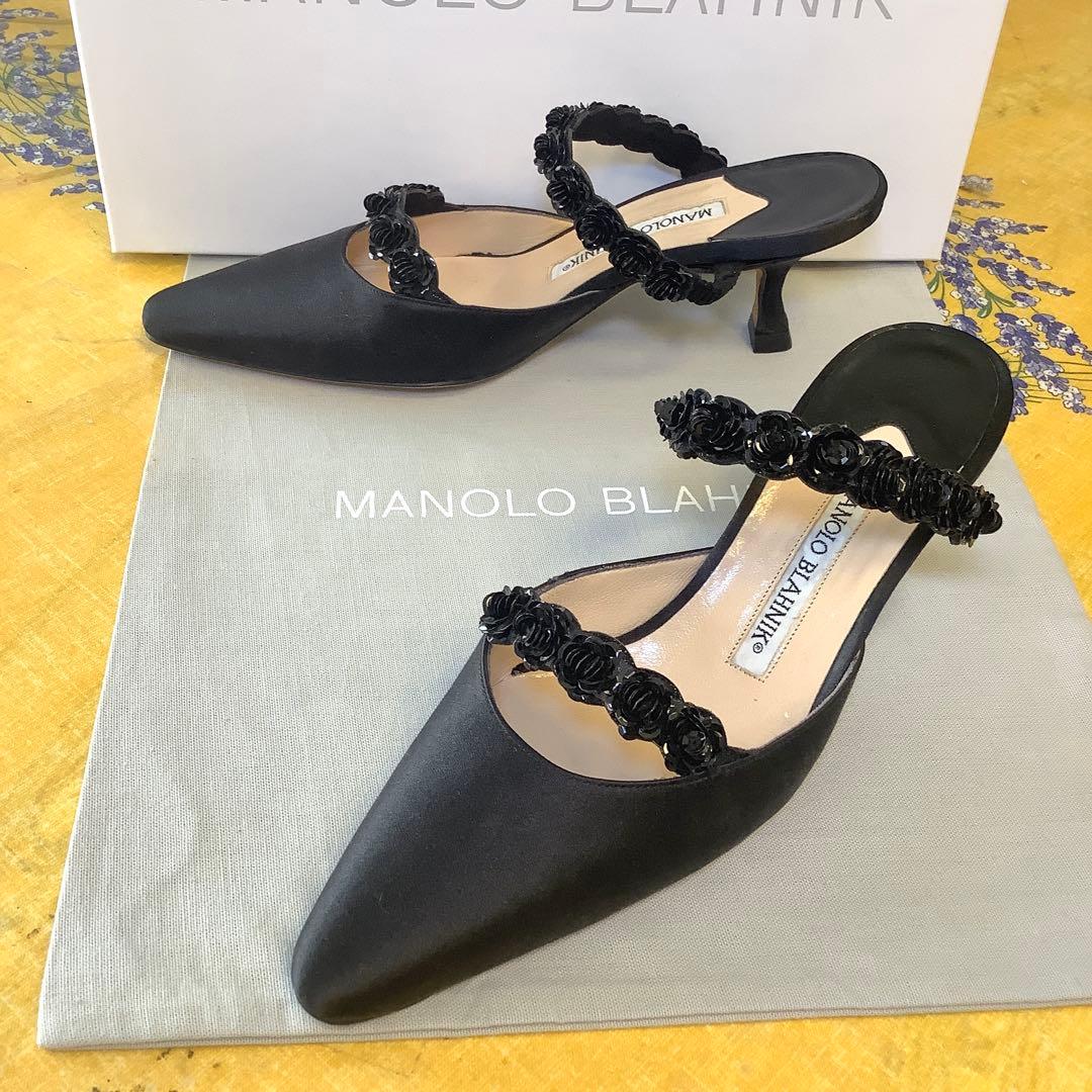 試着のみ新品! マノロブラニク バラモチーフ 極上サテン地 サンダル 22㎝