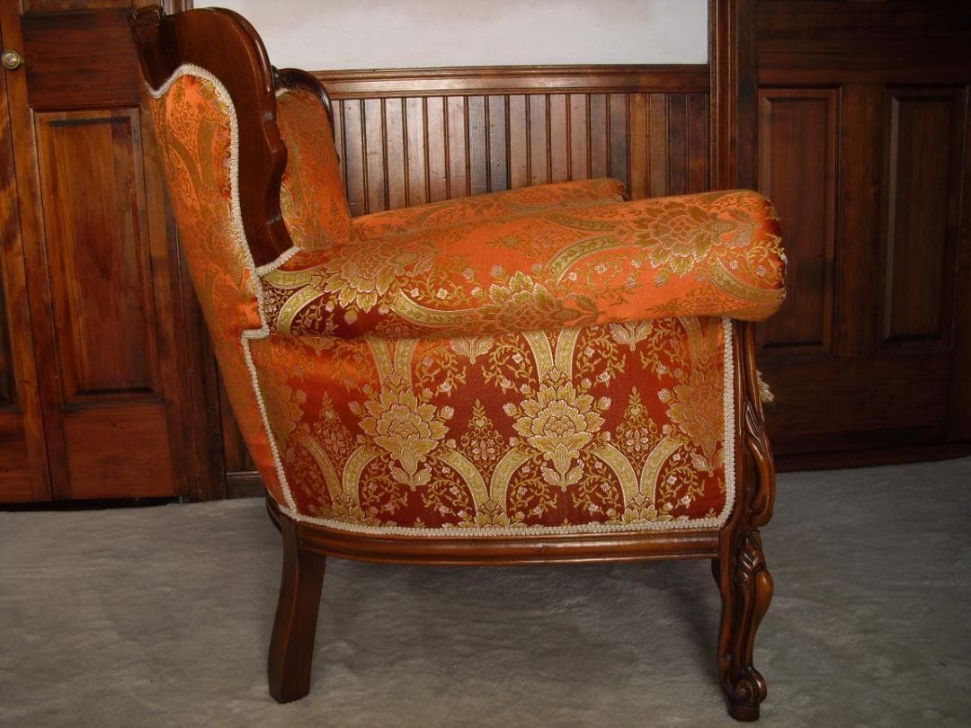 イタリア製 ロココ様式 １Pソファ☆金糸 薔薇 ダマスク柄 張替済み☆猫脚 彫刻