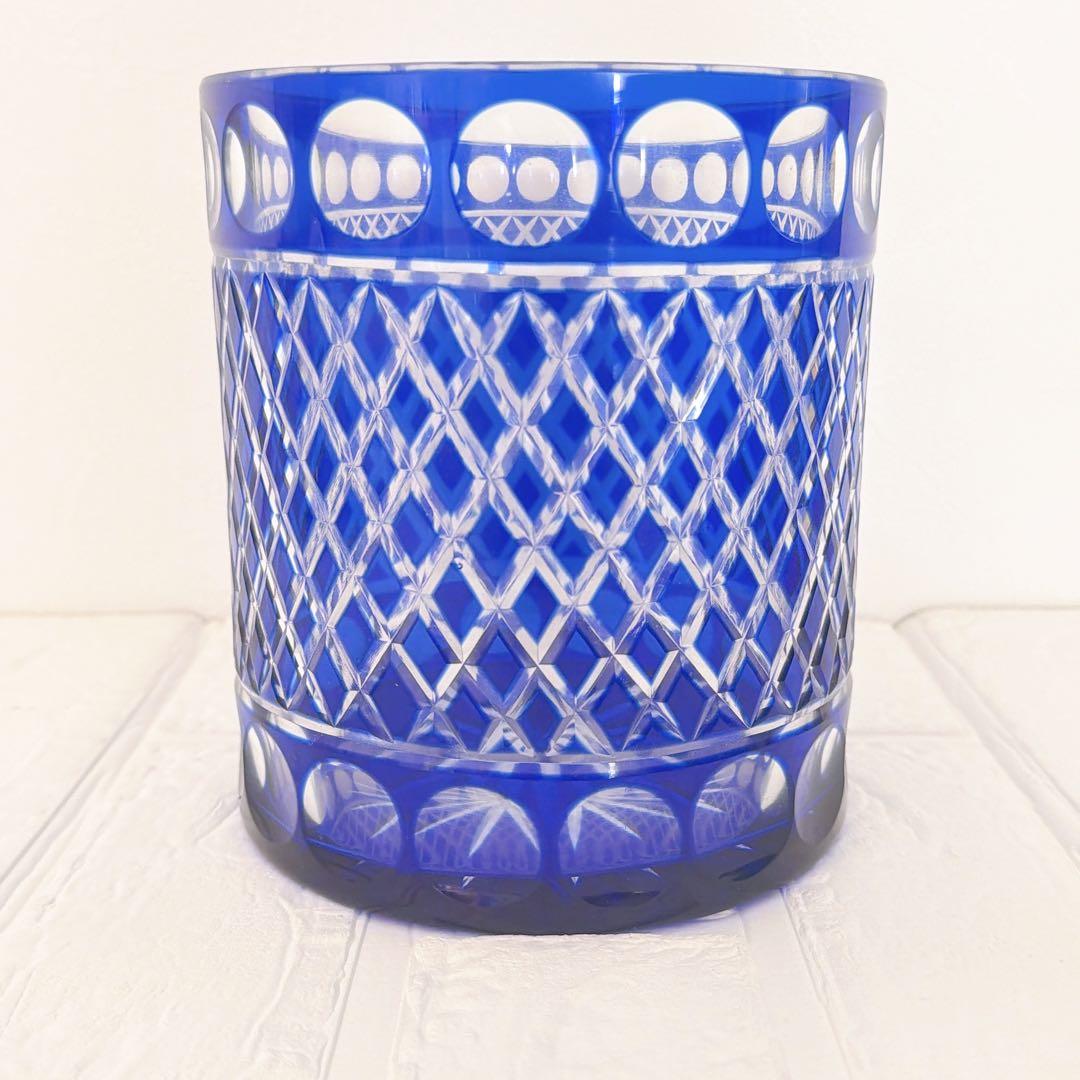 【美品】　江戸切子ガラス　瑠璃色 水指 / 茶道具 ふた、共箱付き　水差し