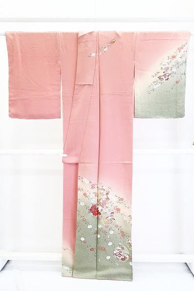 未使用品 訪問着 ピンク 手描き友禅 雪輪 牡丹 菊 花文 身丈163cm
