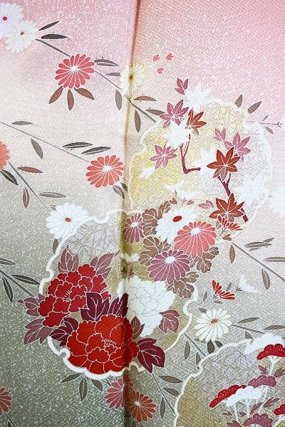 未使用品 訪問着 ピンク 手描き友禅 雪輪 牡丹 菊 花文 身丈163cm
