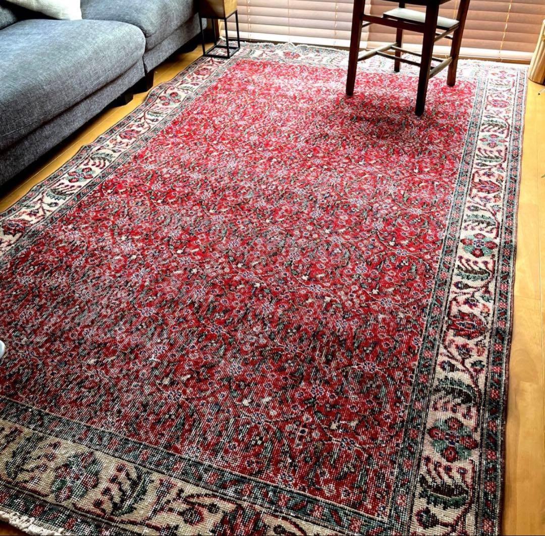 大判　162×262 クリーム縁取り　ストロベリー草花　トルコヴィンテージラグ