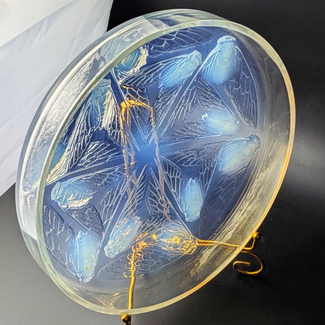 ラリックCigales 1921年セミ紋様26cm大蓋物 純正台座付　極希少