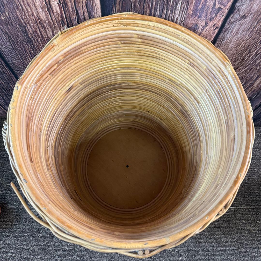 ラタン ランドリー ラタン製 筒型バスケット アンティーク 古民具 かご 蓋付き