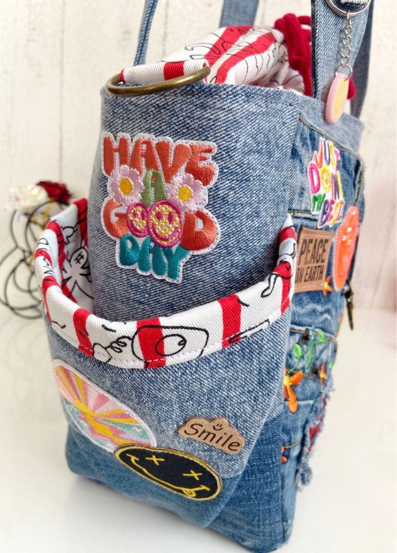 デニムリメイクバックM お花し刺繍ニコちゃん