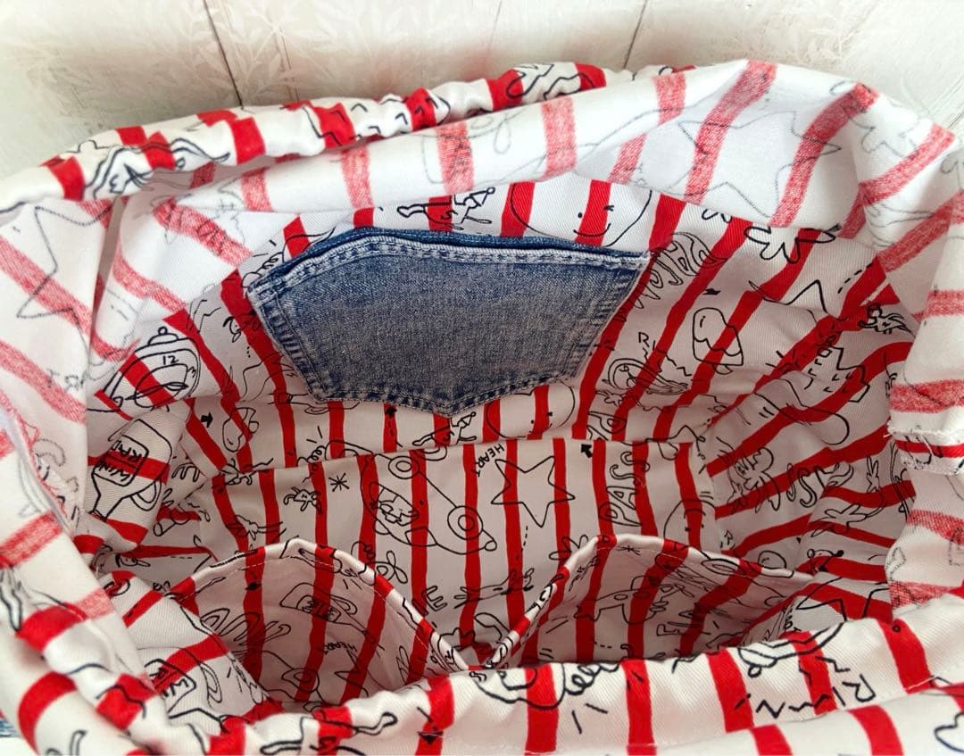 デニムリメイクバックM お花し刺繍ニコちゃん