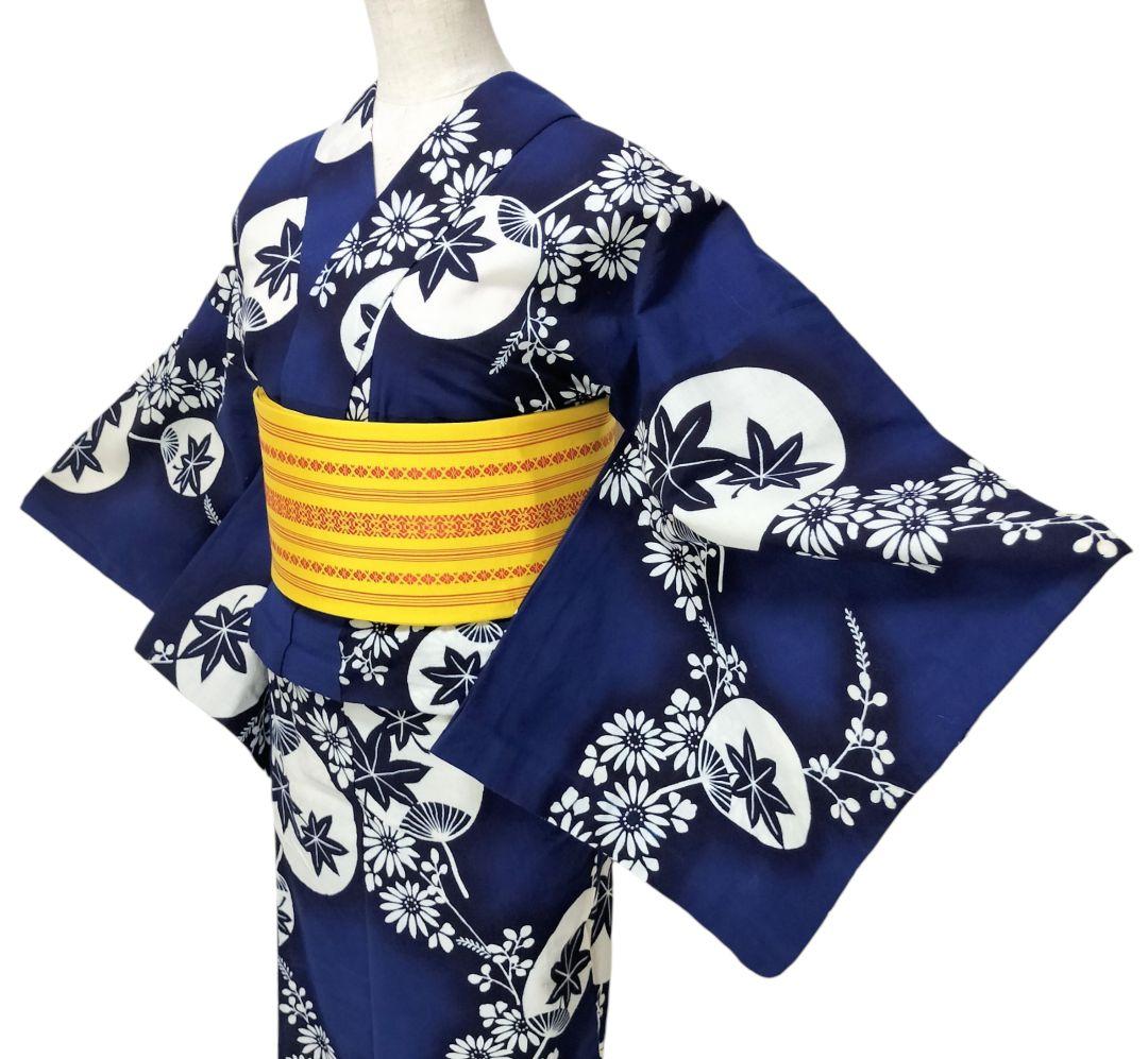 【浴衣】花に団扇模様　楓　藍染 注染　紺　青　ネイビー レトロ　古典 綿