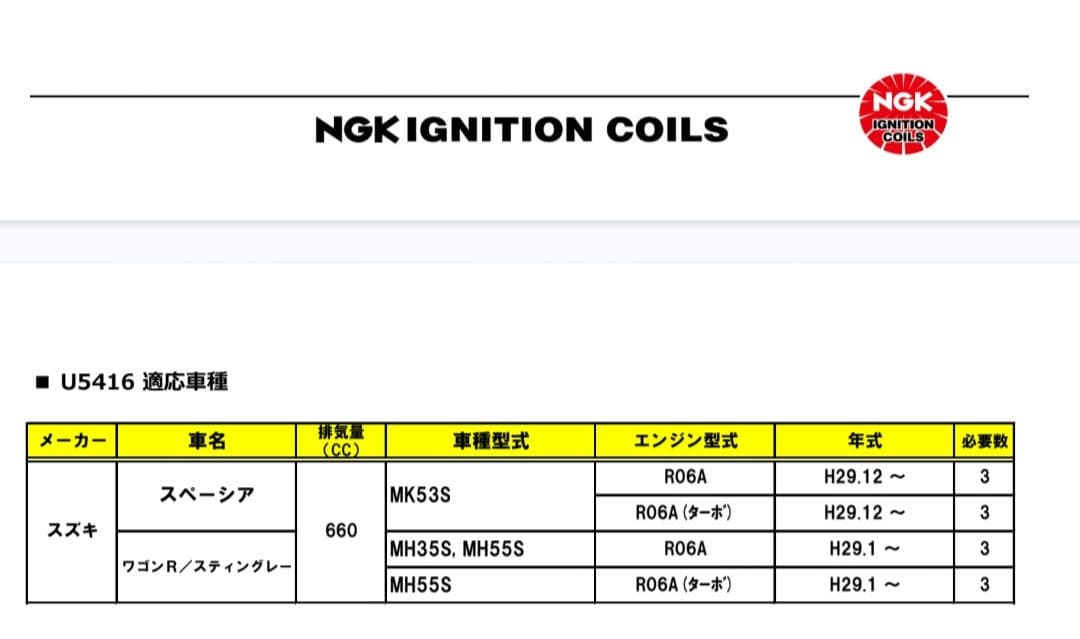 シ*ヤ様 NGK U5416 エンジンコイル 3本セット